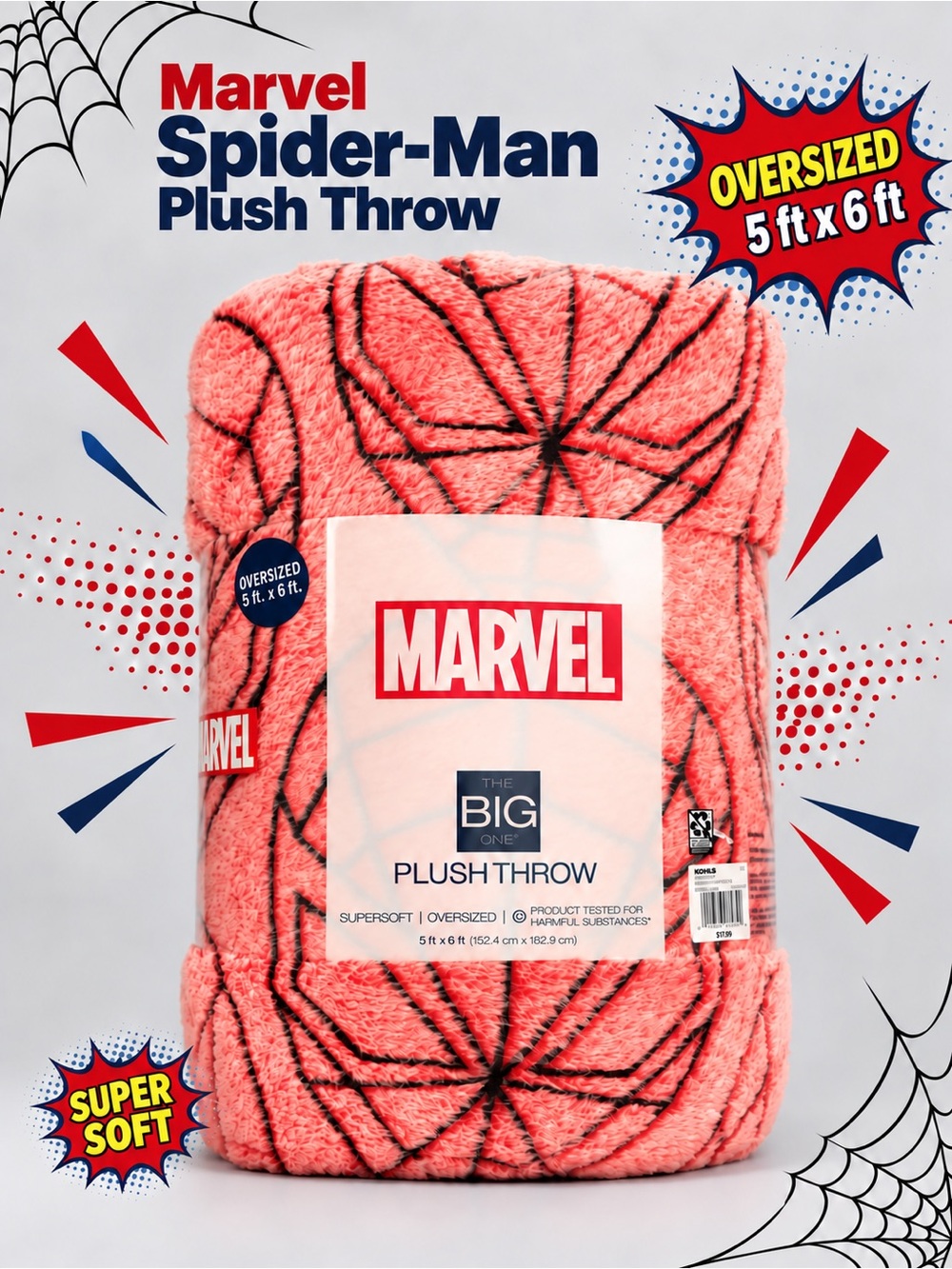 Marvel Spider-Man Plush Throw Blanket - Coral Pink with Black Web Accents